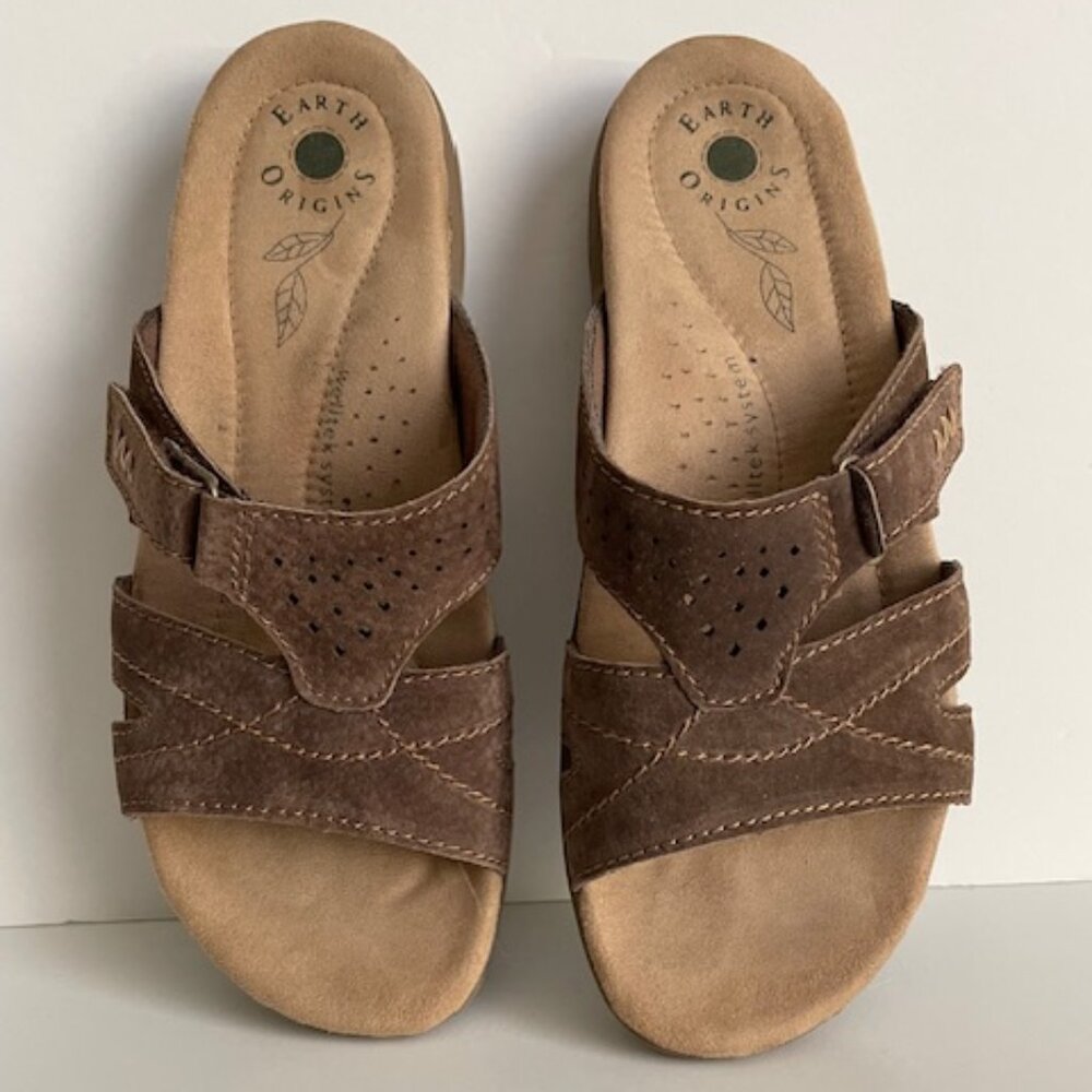 Earth Origins Brown Suede Slide Sandals Adjustable Hook & Loop Closure size 10
